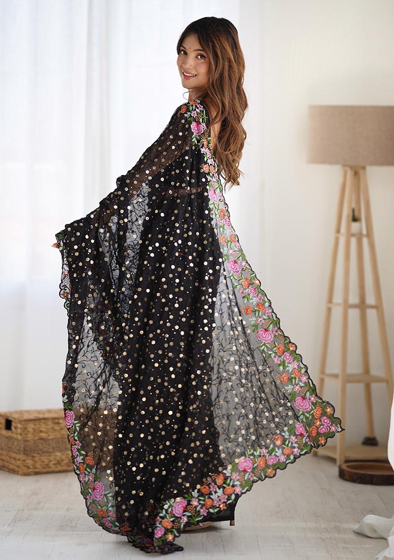 Black Sequin Thread Embroidered Georgette Saree Set