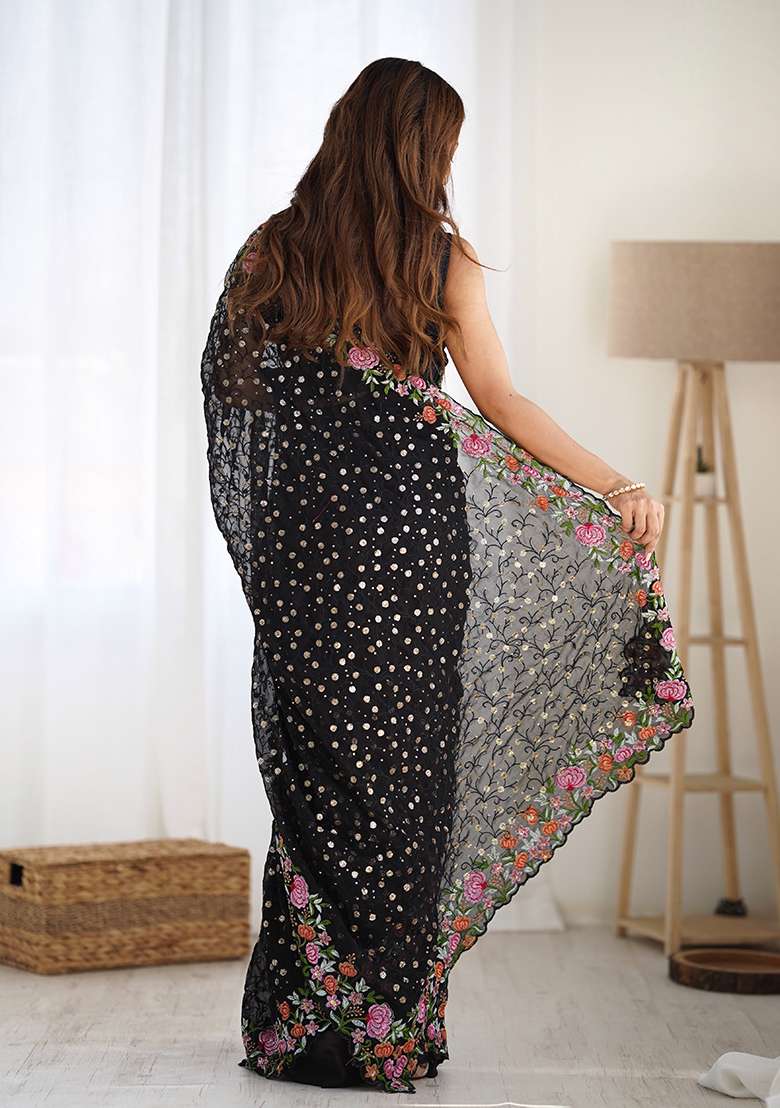 Black Sequin Thread Embroidered Georgette Saree Set - Indya