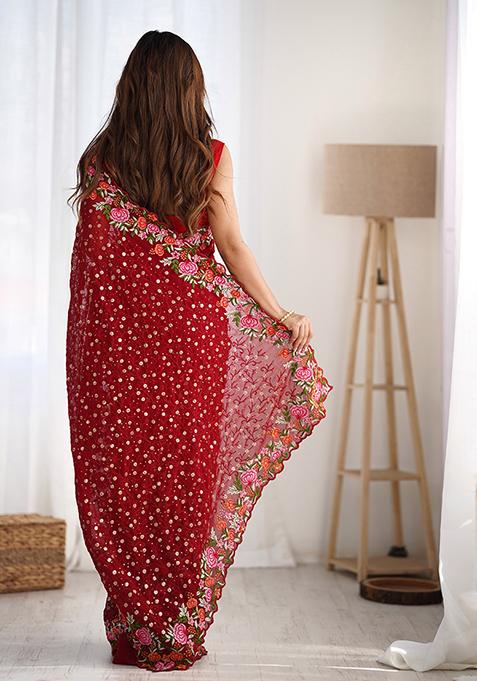 Maroon Sequin Thread Embroidered Georgette Saree Set