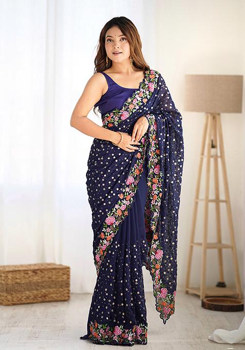 Blue Sequin Thread Embroidered Georgette Saree Set