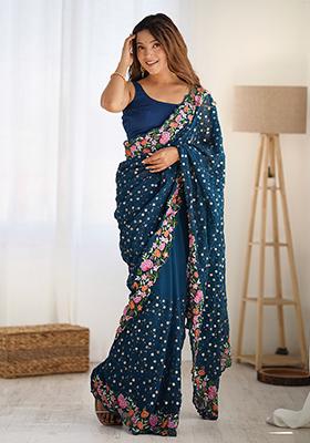 Teal Blue Sequin Thread Embroidered Georgette Saree Set