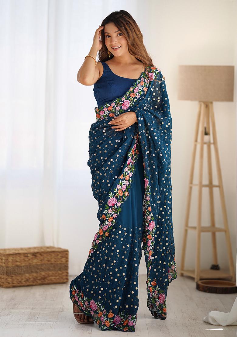 Teal Blue Sequin Thread Embroidered Georgette Saree Set