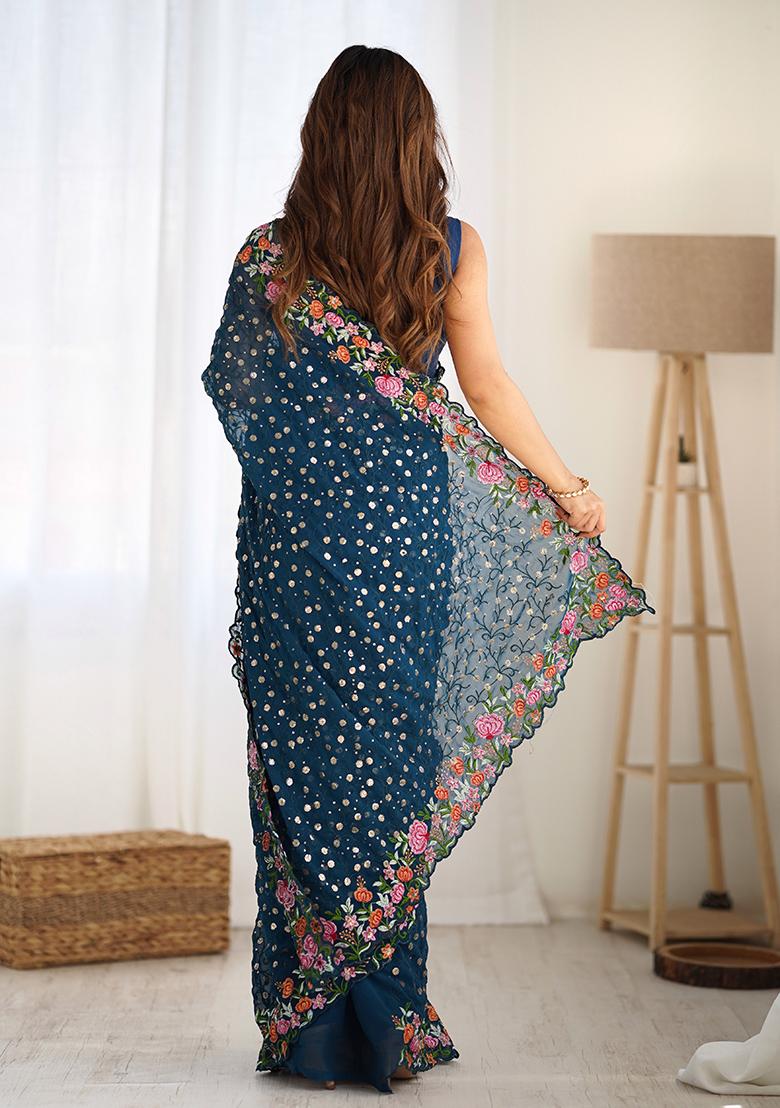Teal Blue Sequin Thread Embroidered Georgette Saree Set