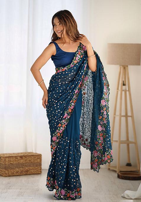 Teal Blue Sequin Thread Embroidered Georgette Saree Set