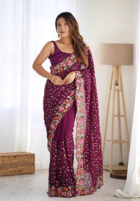 Wine Sequin Thread Embroidered Georgette Saree Set