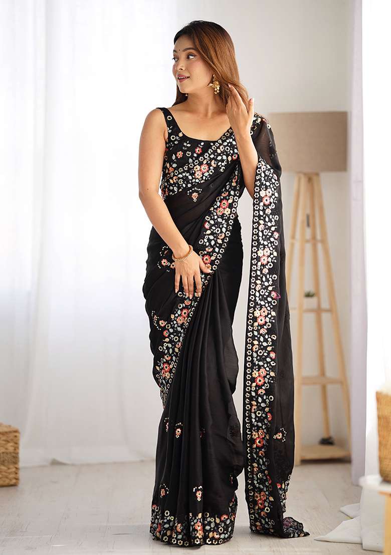 Black Sequin Thread Embroidered Satin Chiffon Saree Set - Indya