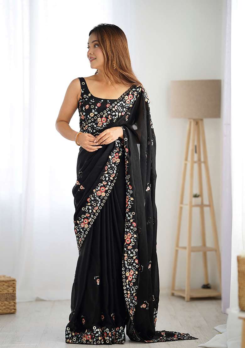Black Sequin Thread Embroidered Satin Chiffon Saree Set - Indya