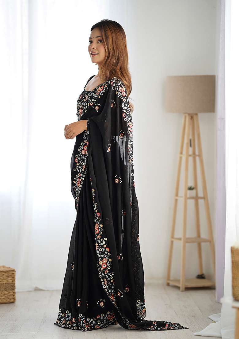 Black Sequin Thread Embroidered Satin Chiffon Saree Set - Indya