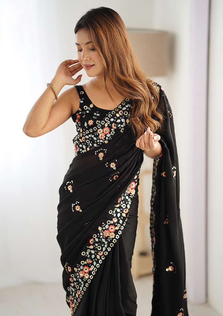 Black Sequin Thread Embroidered Satin Chiffon Saree Set - Indya