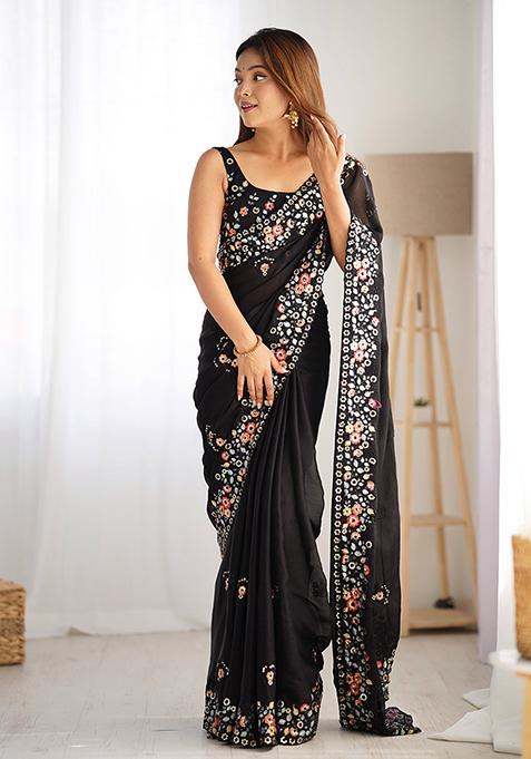 Black Sequin Thread Embroidered Satin Chiffon Saree Set