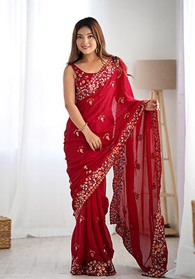 Maroon Sequin Thread Embroidered Satin Chiffon Saree Set