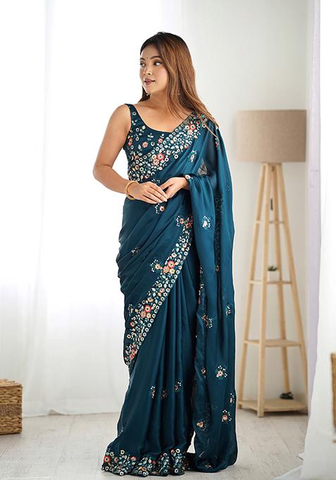 Teal Blue Sequin Thread Embroidered Satin Chiffon Saree Set