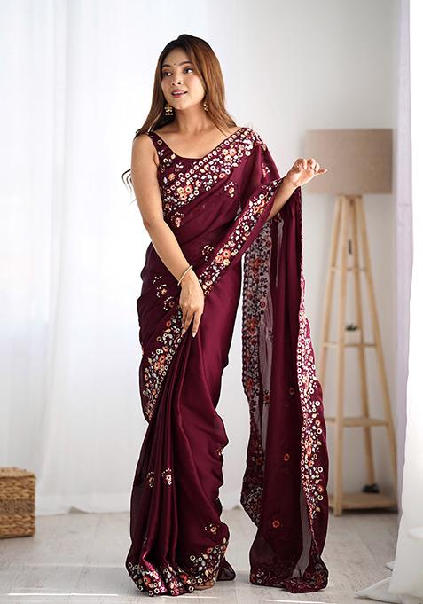 Wine Sequin Thread Embroidered Satin Chiffon Saree Set