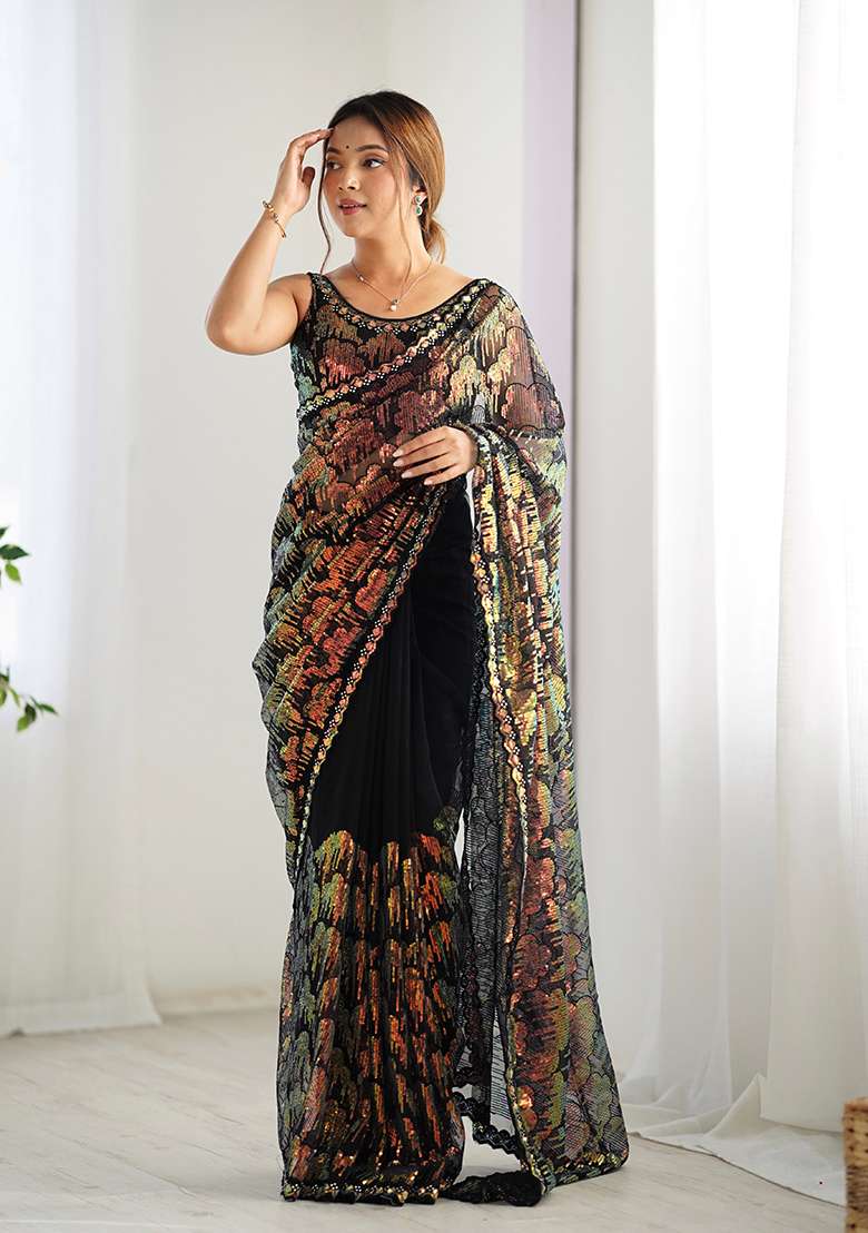 Black Sequin Embroidered Net Saree Set - Indya