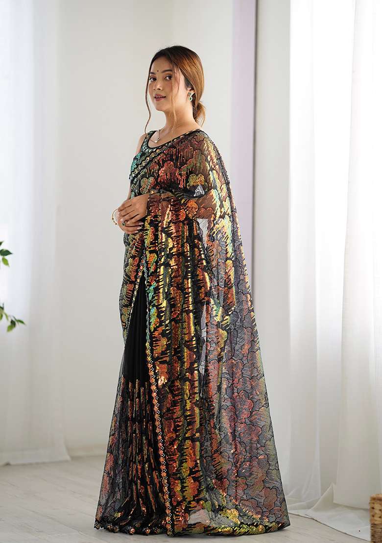 Black Sequin Embroidered Net Saree Set - Indya