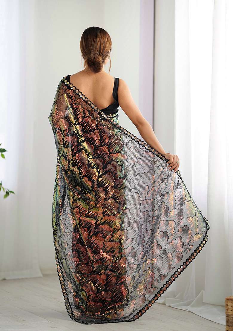 Black Sequin Embroidered Net Saree Set - Indya