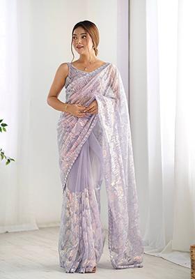 Lavender Sequin Embroidered Net Saree Set