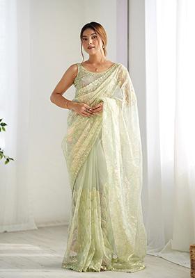 Pista Green Sequin Embroidered Net Saree Set