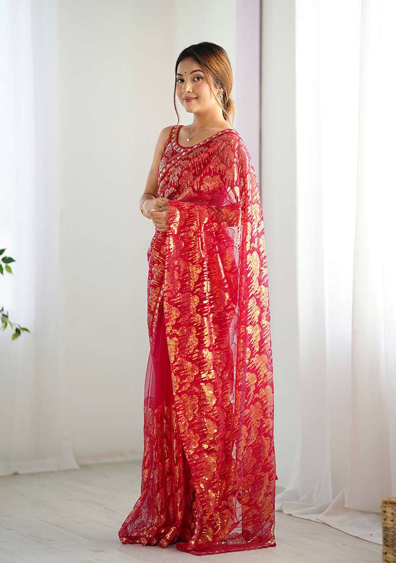 Pink Sequin Embroidered Net Saree Set - Indya