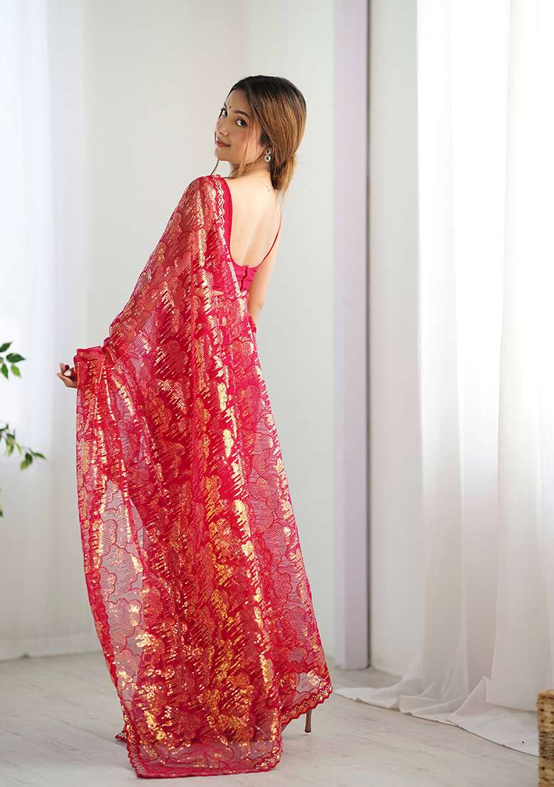 Pink Sequin Embroidered Net Saree Set - Indya