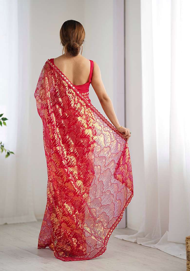 Pink Sequin Embroidered Net Saree Set - Indya