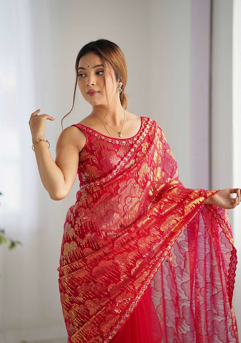Pink Sequin Embroidered Net Saree Set - Indya
