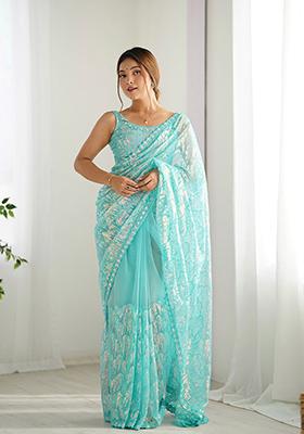 Sky Blue Sequin Embroidered Net Saree Set