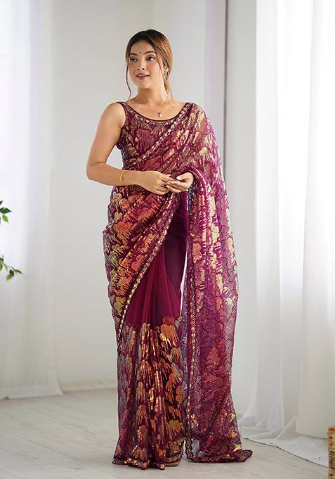 Wine Sequin Embroidered Net Saree Set