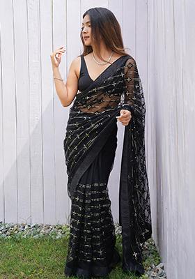 Black Sequin Thread Embroidered Butterfly Net Saree Set