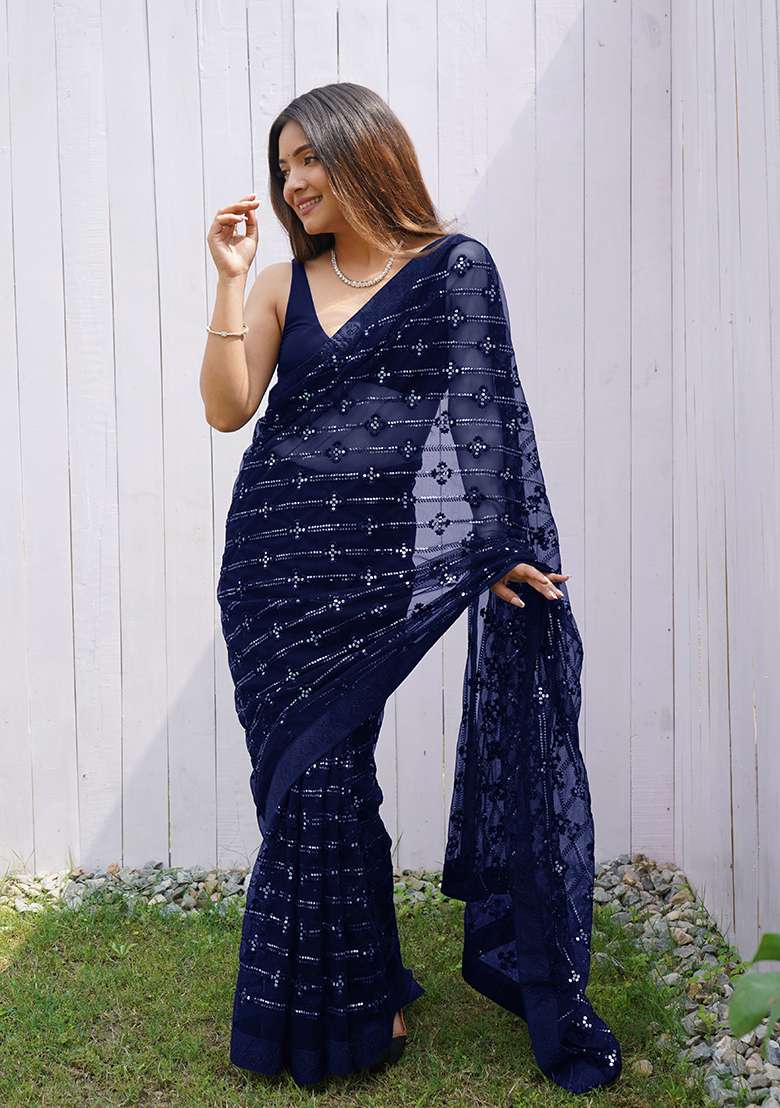 Blue Sequin Thread Embroidered Butterfly Net Saree Set - Indya