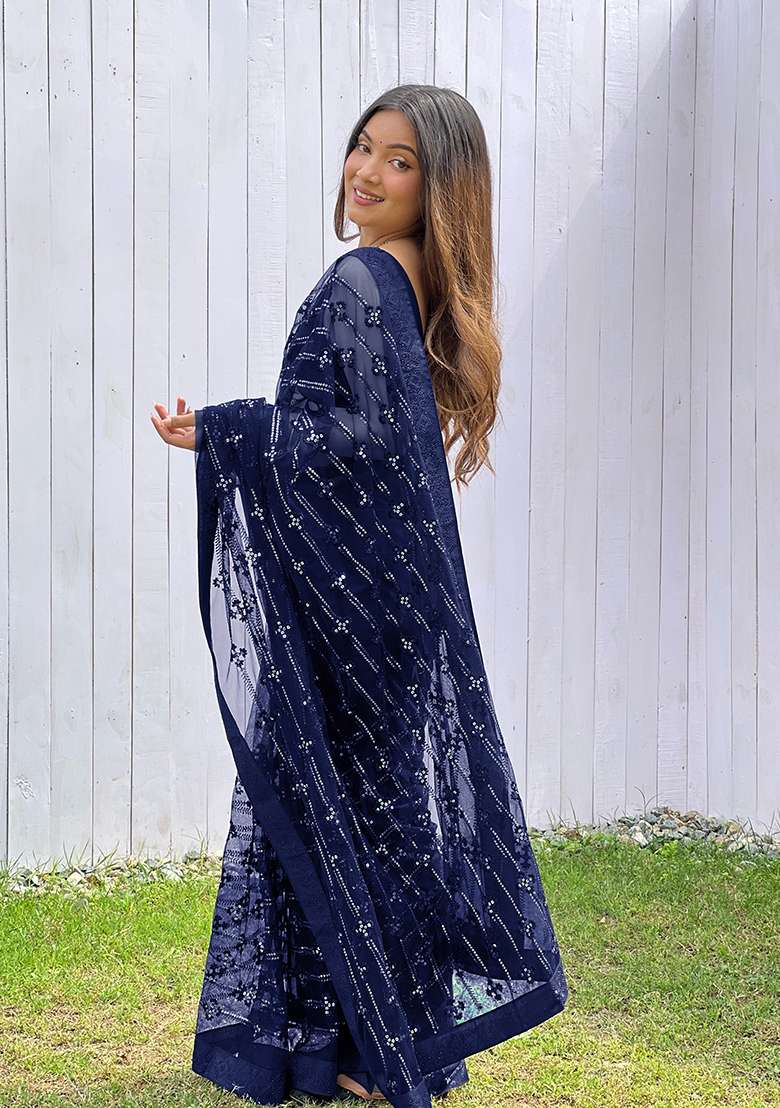 Blue Sequin Thread Embroidered Butterfly Net Saree Set - Indya