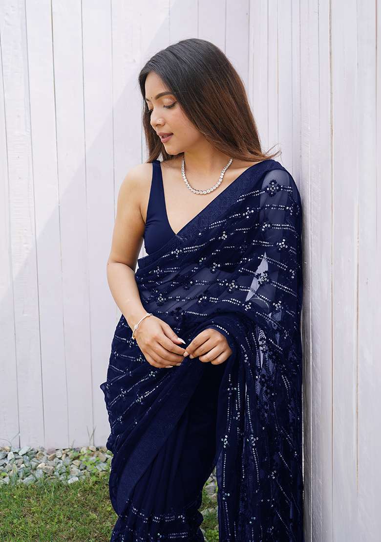 Blue Sequin Thread Embroidered Butterfly Net Saree Set - Indya