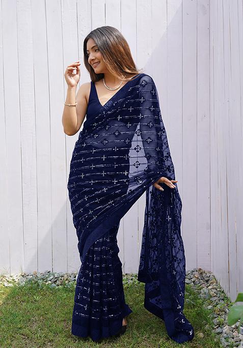 Blue Sequin Thread Embroidered Butterfly Net Saree Set