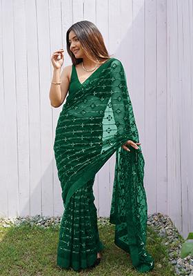 Green Sequin Thread Embroidered Butterfly Net Saree Set