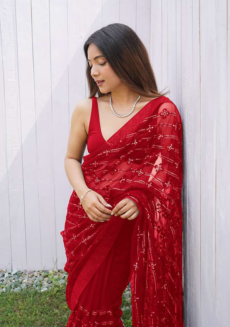 Red Sequin Thread Embroidered Butterfly Net Saree Set - Indya