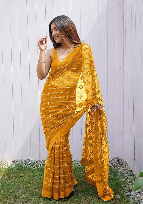 Yellow Sequin Thread Embroidered Butterfly Net Saree Set