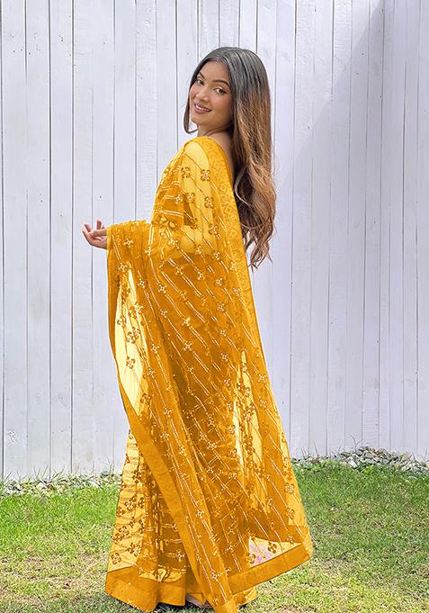 Yellow Sequin Thread Embroidered Butterfly Net Saree Set