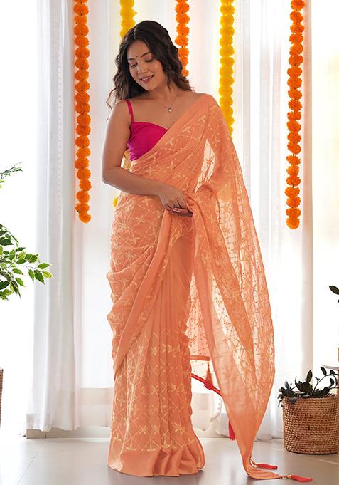 Orange Sequin Thread Embroidered Satin Georgette Saree Set