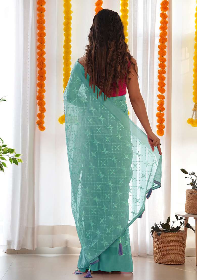 Sea Green Sequin Thread Embroidered Satin Georgette Saree Set - Indya