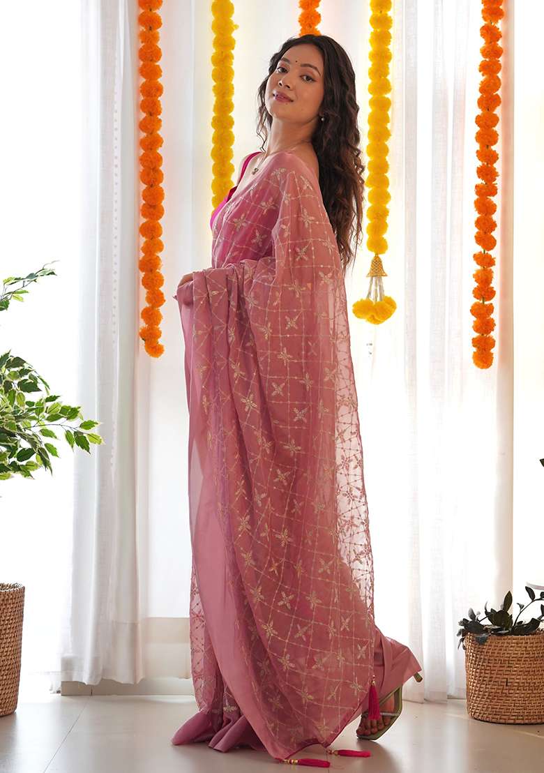 Onion Pink Sequin Thread Embroidered Satin Georgette Saree Set - Indya