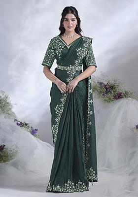 Green Sequin Embroidered Satin Silk Saree Set