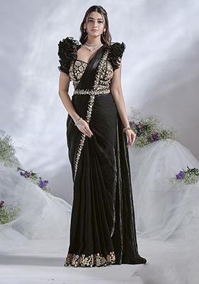 Black Sequin Embroidered Satin Silk Saree Set