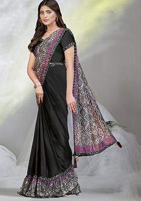 Black Printed Sequin Embroidered Crepe Satin Silk Saree Set