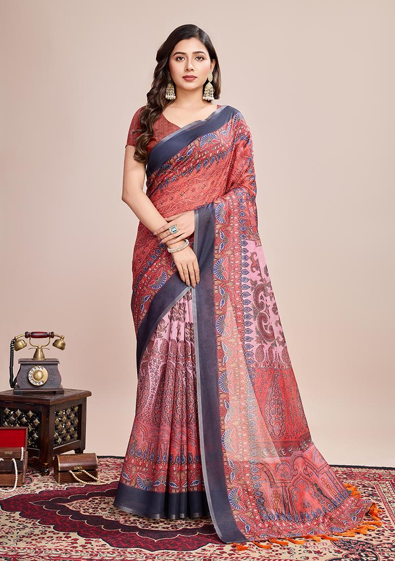 Multicolor Zari Woven Linen Saree Set