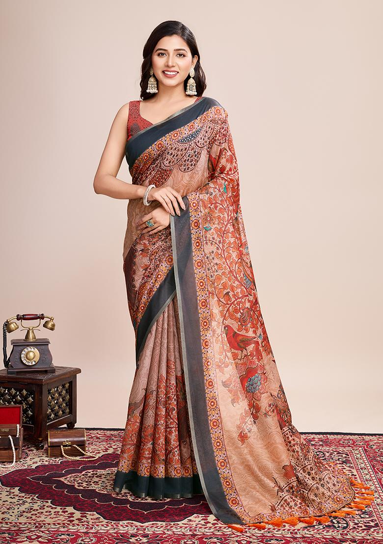 Multicolor Zari Woven Linen Saree Set
