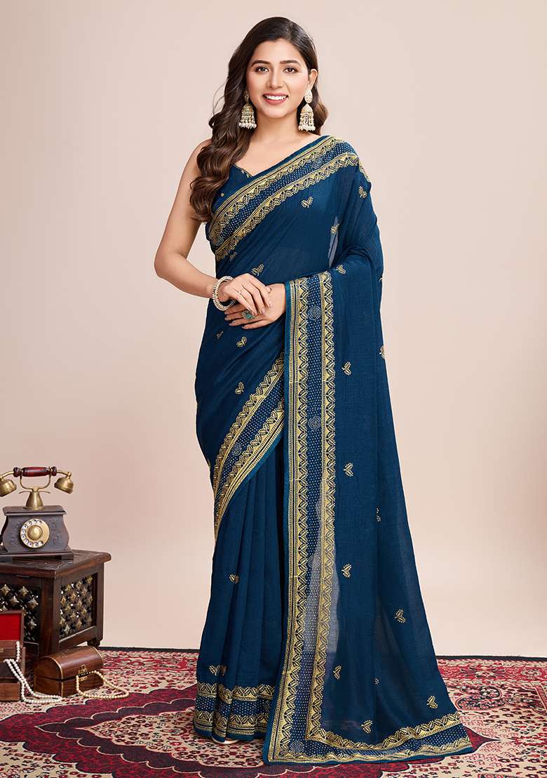 Teal Blue Embroidered Vichitra Silk Saree Set - Indya