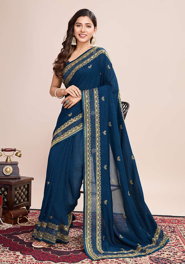 Teal Blue Embroidered Vichitra Silk Saree Set - Indya