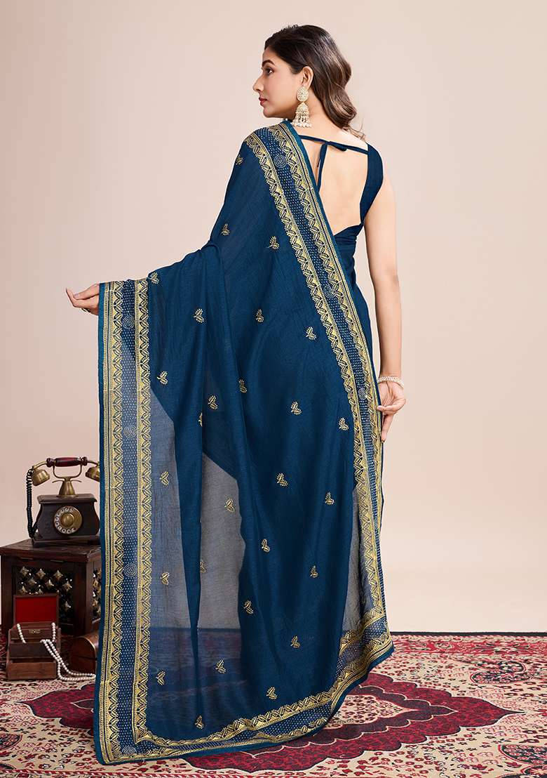 Teal Blue Embroidered Vichitra Silk Saree Set - Indya