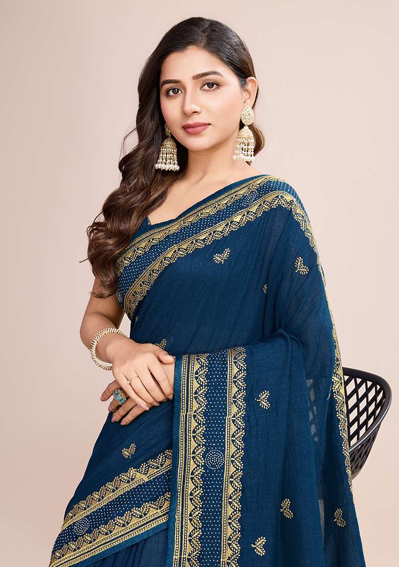 Teal Blue Embroidered Vichitra Silk Saree Set - Indya