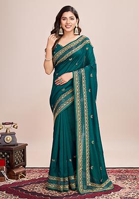 Rama Blue Embroidered Vichitra Silk Saree Set